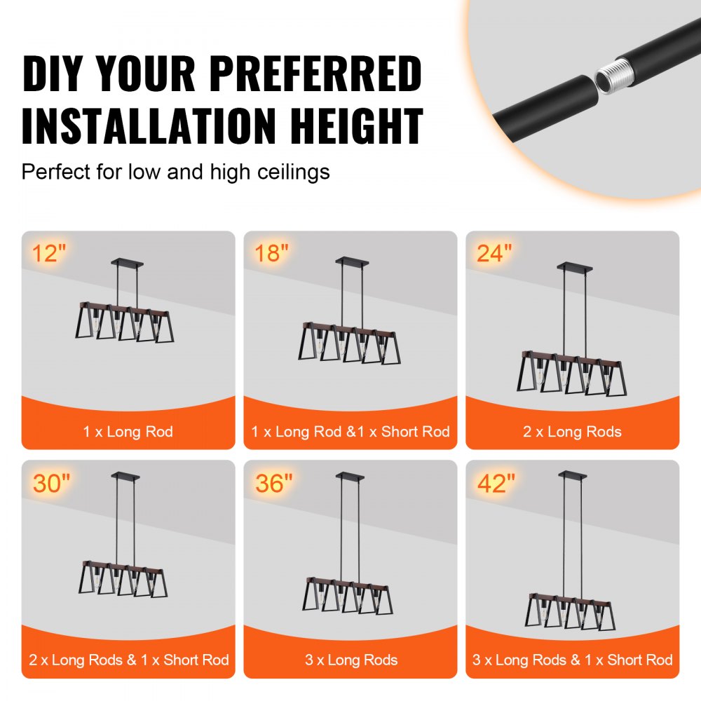 VEVOR 4-Light Kitchen Island Pendant Lights, 60W, Adjustable Dining Room Light Fixture with 2 x 6" and 6 x 12" Rods, Industrial Metal Frame Farmhouse Linear Chandeliers Lighting for Dining Room, E27