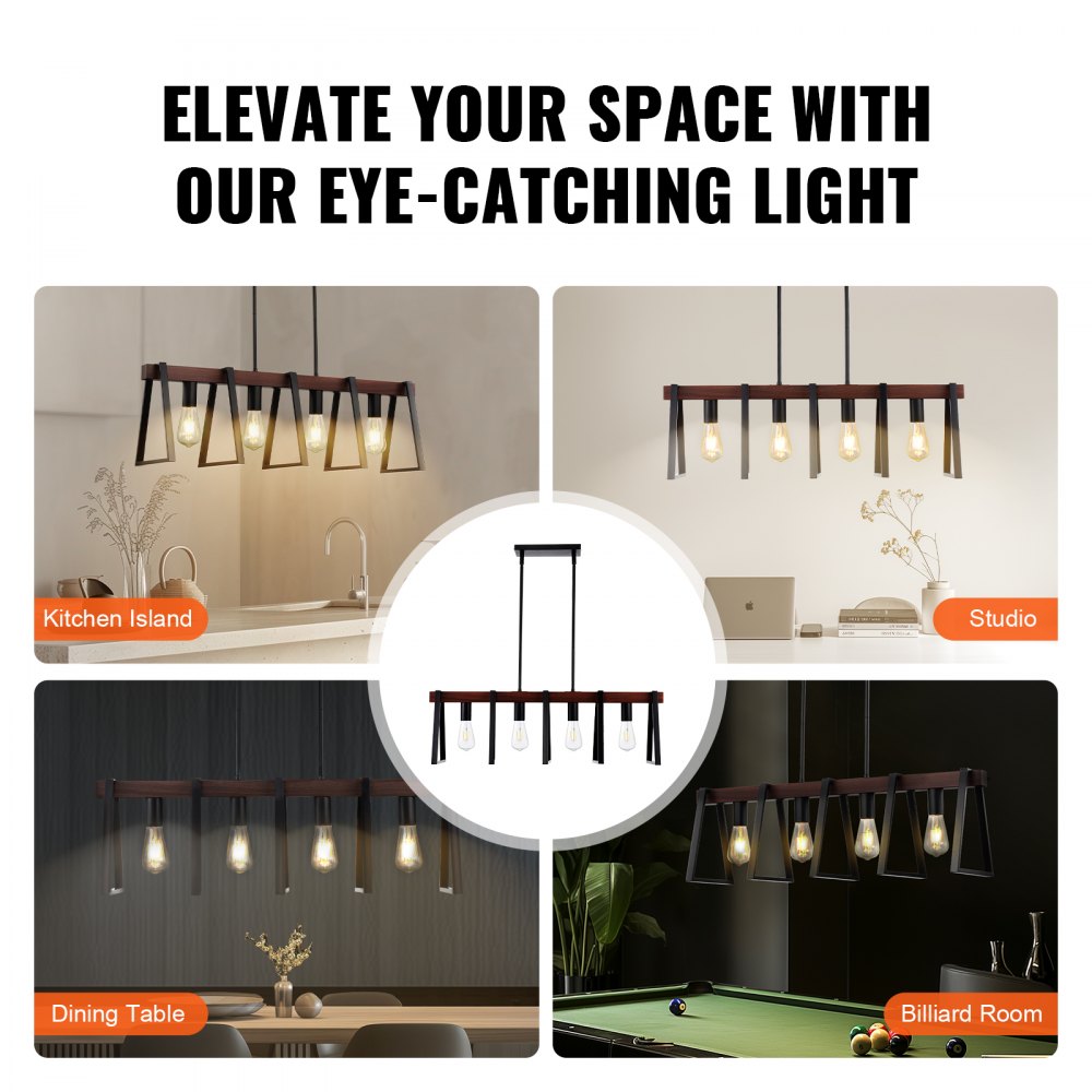 VEVOR 4-Light Kitchen Island Pendant Lights, 60W, Adjustable Dining Room Light Fixture with 2 x 6" and 6 x 12" Rods, Industrial Metal Frame Farmhouse Linear Chandeliers Lighting for Dining Room, E27