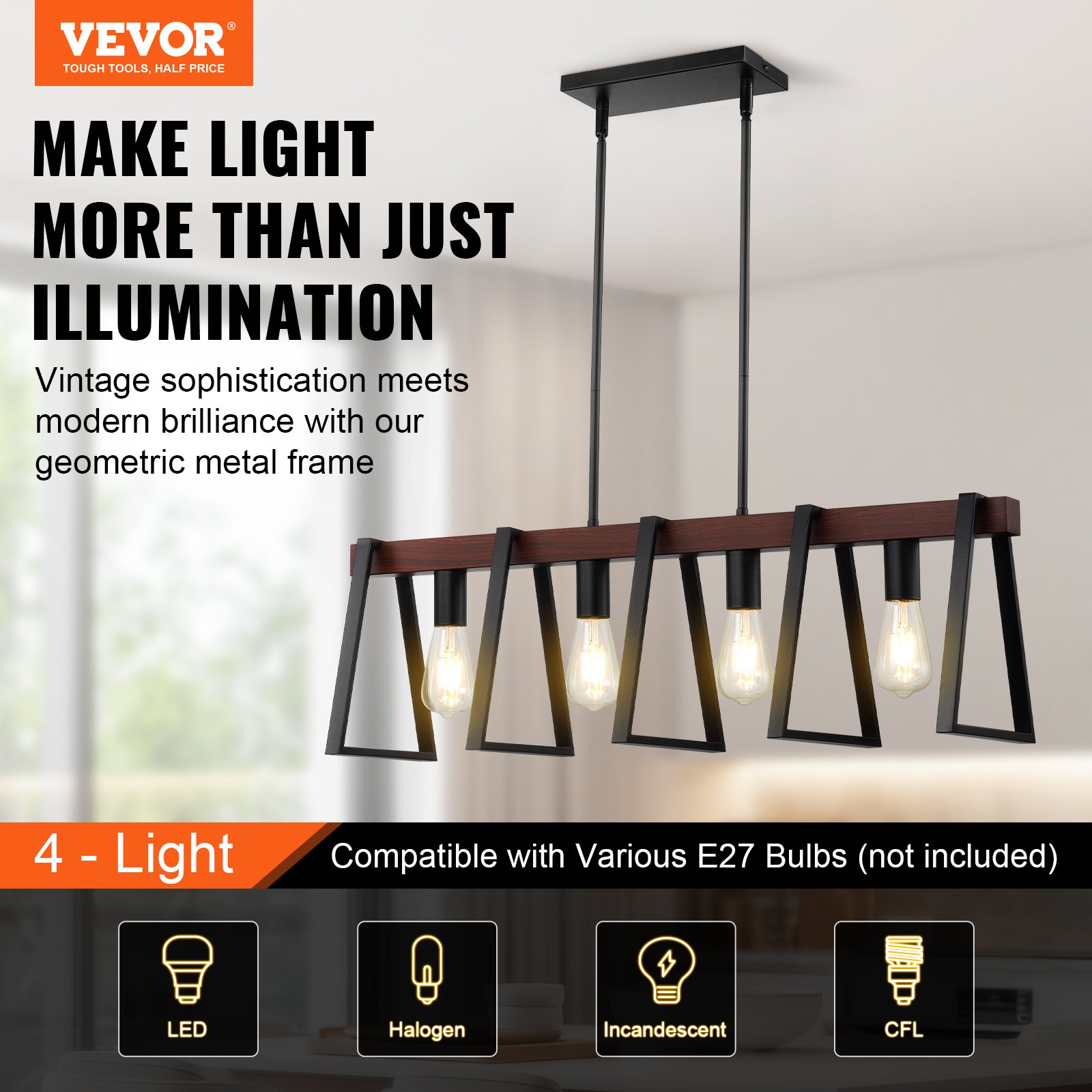 VEVOR 4-Light Kitchen Island Pendant Lights, 60W, Adjustable Dining Room Light Fixture with 2 x 6" and 6 x 12" Rods, Industrial Metal Frame Farmhouse Linear Chandeliers Lighting for Dining Room, E27