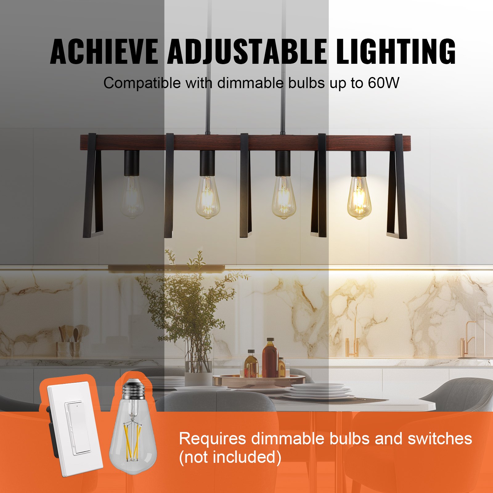 VEVOR 4-Light Kitchen Island Pendant Lights, 60W, Adjustable Dining Room Light Fixture with 2 x 6" and 6 x 12" Rods, Industrial Metal Frame Farmhouse Linear Chandeliers Lighting for Dining Room, E27