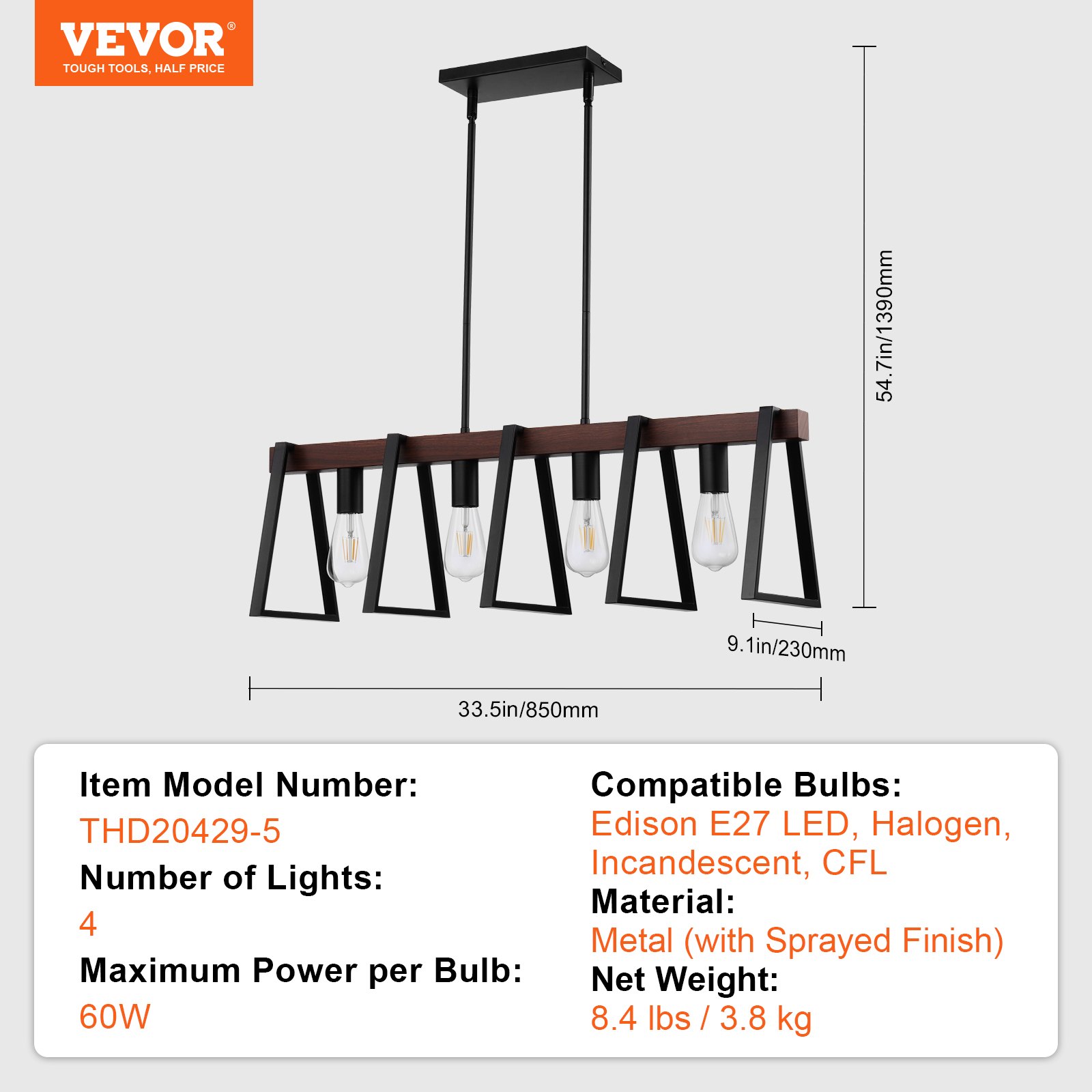 VEVOR 4-Light Kitchen Island Pendant Lights, 60W, Adjustable Dining Room Light Fixture with 2 x 6" and 6 x 12" Rods, Industrial Metal Frame Farmhouse Linear Chandeliers Lighting for Dining Room, E27