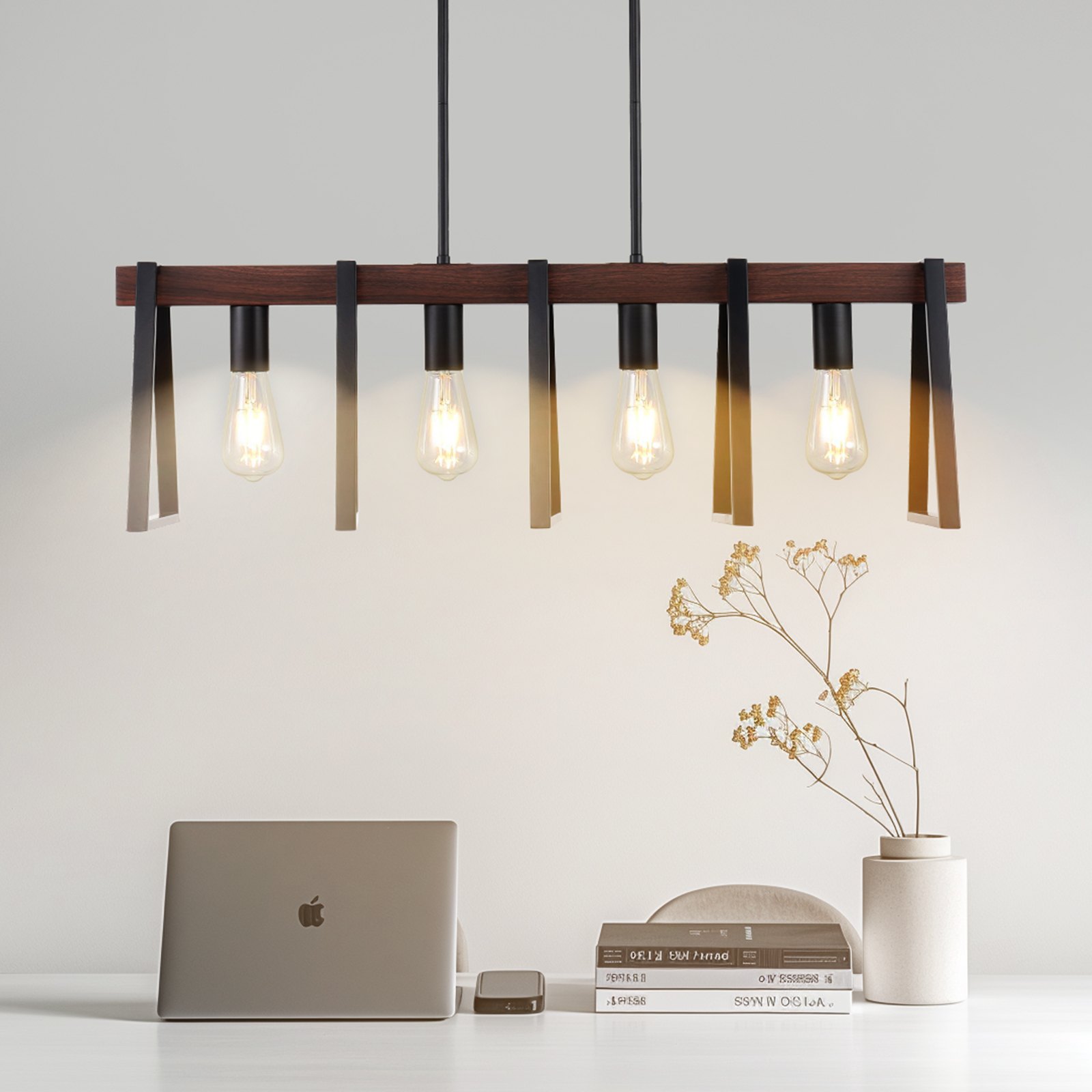 VEVOR 4-Light Kitchen Island Pendant Lights, 60W, Adjustable Dining Room Light Fixture with 2 x 6" and 6 x 12" Rods, Industrial Metal Frame Farmhouse Linear Chandeliers Lighting for Dining Room, E27