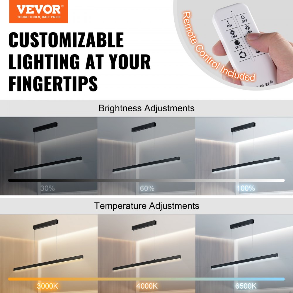 VEVOR Dimmable Linear Pendant Light 20W 119.4 cm LED Linear Light Fixture Remote Control