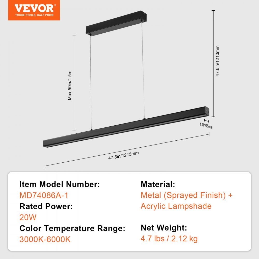 VEVOR Dimmable Linear Pendant Light 20W 119.4 cm LED Linear Light Fixture Remote Control