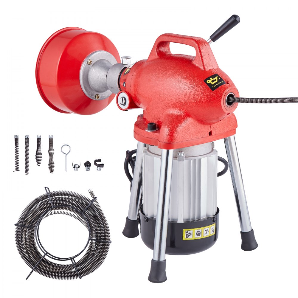 VEVOR Drain Cleaner Machine 66FT x 5/8 Inch, 250W Electric Sewer Snake Auger Manual Feed - with 2 Sectional Steel Cables (66' x 5/8" and 15' x 3/8"), 7 Cutters and CW/CCW Control for 1.6" to 4" Pipes