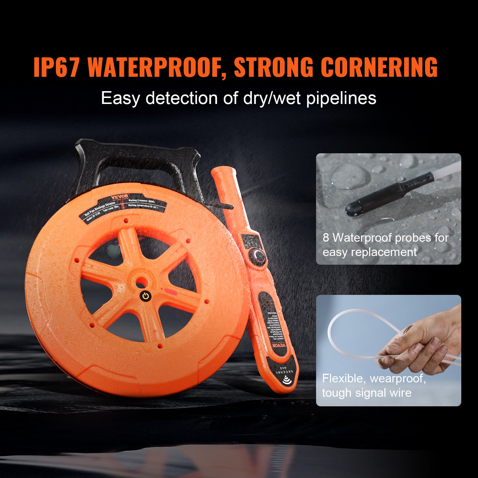 VEVOR Pipe Locators, 100ft/30m PVC Pipe Locators Underground, IP67 Waterproof Pipe Blockage Detector with Adjustable Sensitivity, Sewer Wall Scanner Plumbing Tool for PVC Plastic Metal Water Pipes