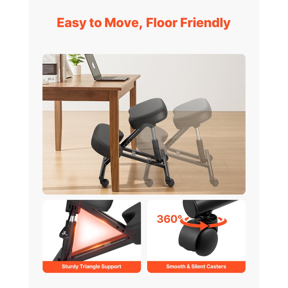 VEVOR Ergonomic Kneeling Chair with Wheels, Mobile X-Shaped Posture Knee Chair with Adjustable Height & Thick Foam Cushions, Natural Relief for Neck or Back Pain for Home, Office or Meditation, Black
