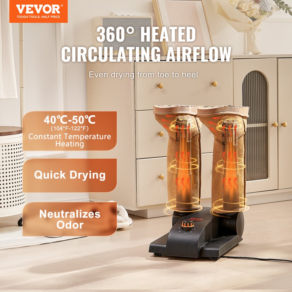 VEVOR 180° Foldable 2 Tubes Shoe Dryer, Portable Boot Dryer with Timer, Boot Warmers/Dryer with Heat Blower & PP(V0 Flame Retardant) for Snow Boots, Leather Shoes, Canvas Shoes, Socks, Black & Orange