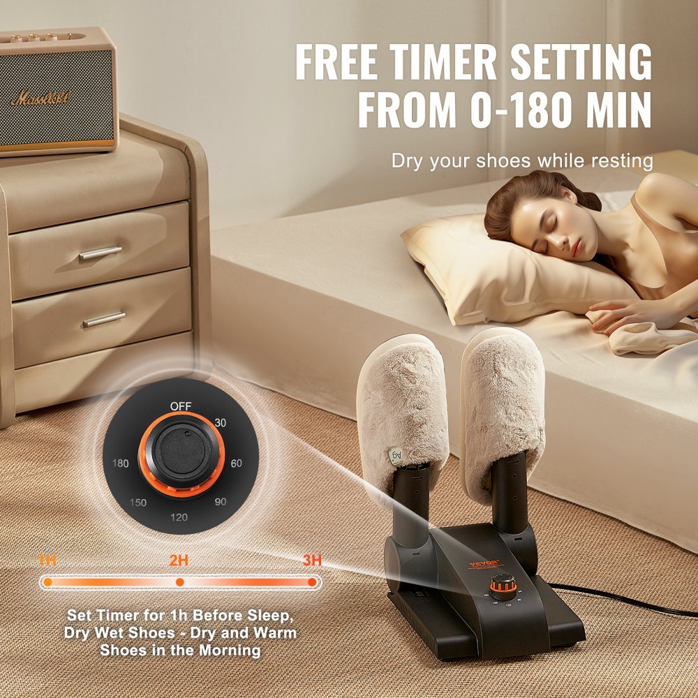 VEVOR 180° Foldable 2 Tubes Shoe Dryer, Portable Boot Dryer with Timer, Boot Warmers/Dryer with Heat Blower & PP(V0 Flame Retardant) for Snow Boots, Leather Shoes, Canvas Shoes, Socks, Black & Orange