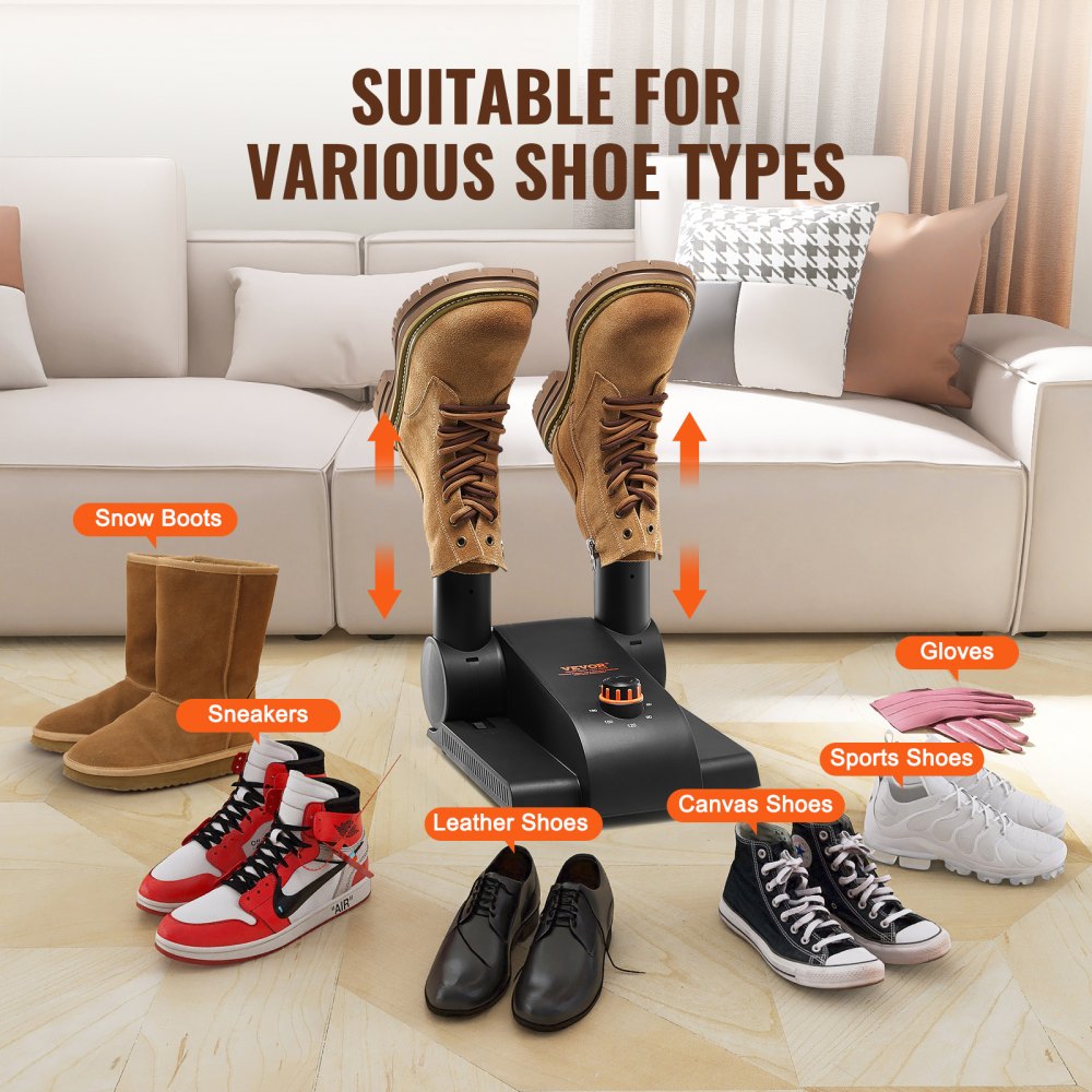 VEVOR 180° Foldable 2 Tubes Shoe Dryer, Portable Boot Dryer with Timer, Boot Warmers/Dryer with Heat Blower & PP(V0 Flame Retardant) for Snow Boots, Leather Shoes, Canvas Shoes, Socks, Black & Orange