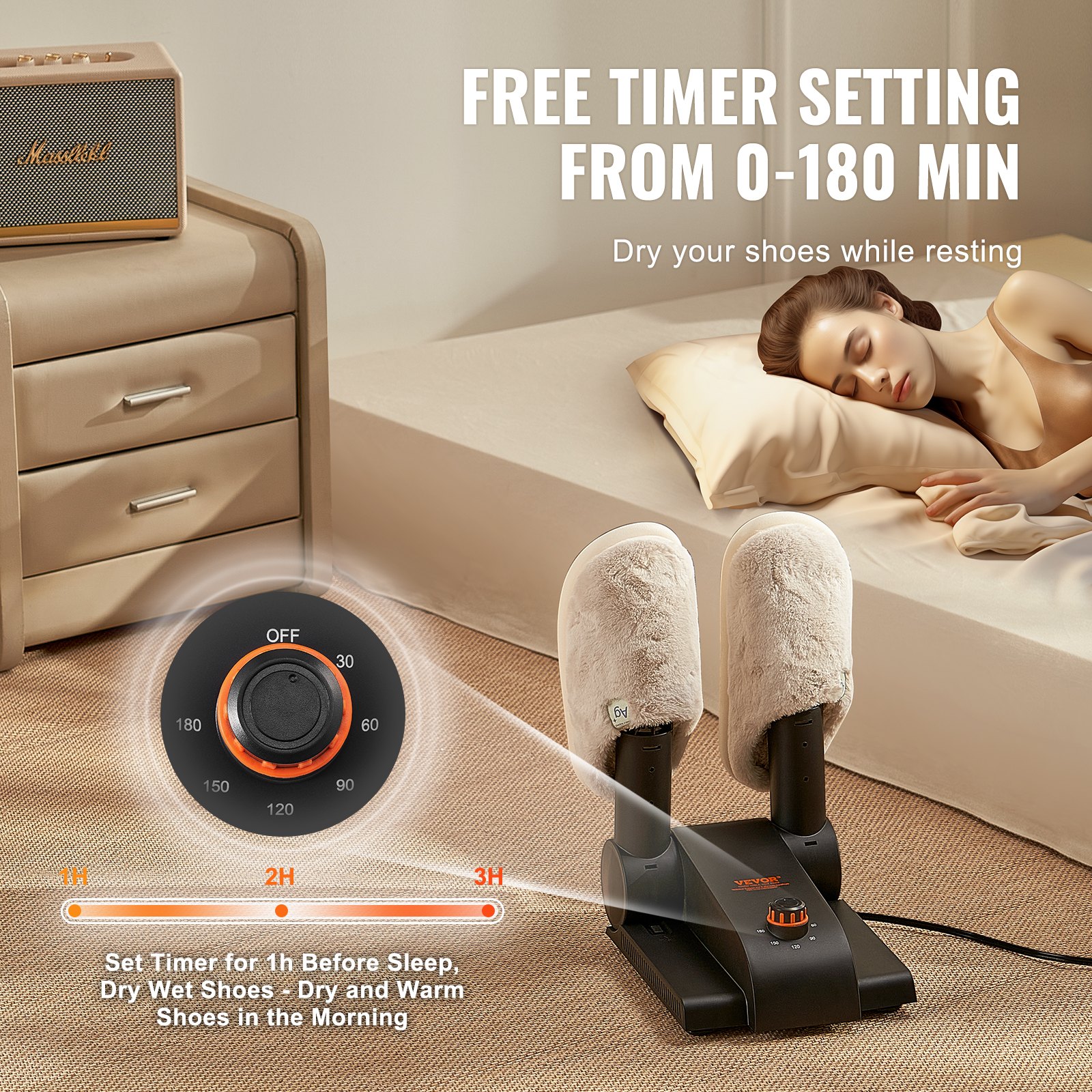 VEVOR 180° Foldable 2 Tubes Shoe Dryer, Portable Boot Dryer with Timer, Boot Warmers/Dryer with Heat Blower & PP(V0 Flame Retardant) for Snow Boots, Leather Shoes, Canvas Shoes, Socks, Black & Orange