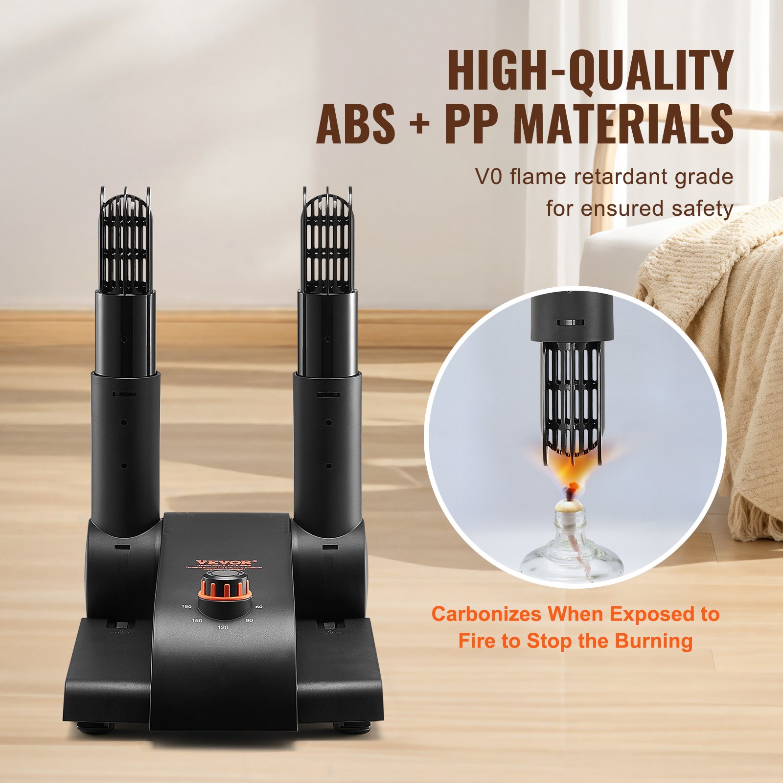 VEVOR 180° Foldable 2 Tubes Shoe Dryer, Portable Boot Dryer with Timer, Boot Warmers/Dryer with Heat Blower & PP(V0 Flame Retardant) for Snow Boots, Leather Shoes, Canvas Shoes, Socks, Black & Orange