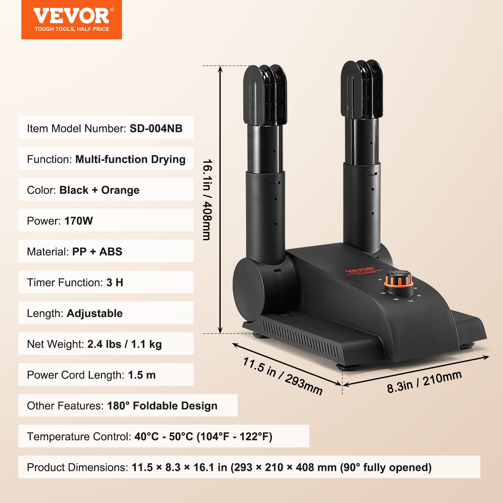 VEVOR 180° Foldable 2 Tubes Shoe Dryer, Portable Boot Dryer with Timer, Boot Warmers/Dryer with Heat Blower & PP(V0 Flame Retardant) for Snow Boots, Leather Shoes, Canvas Shoes, Socks, Black & Orange