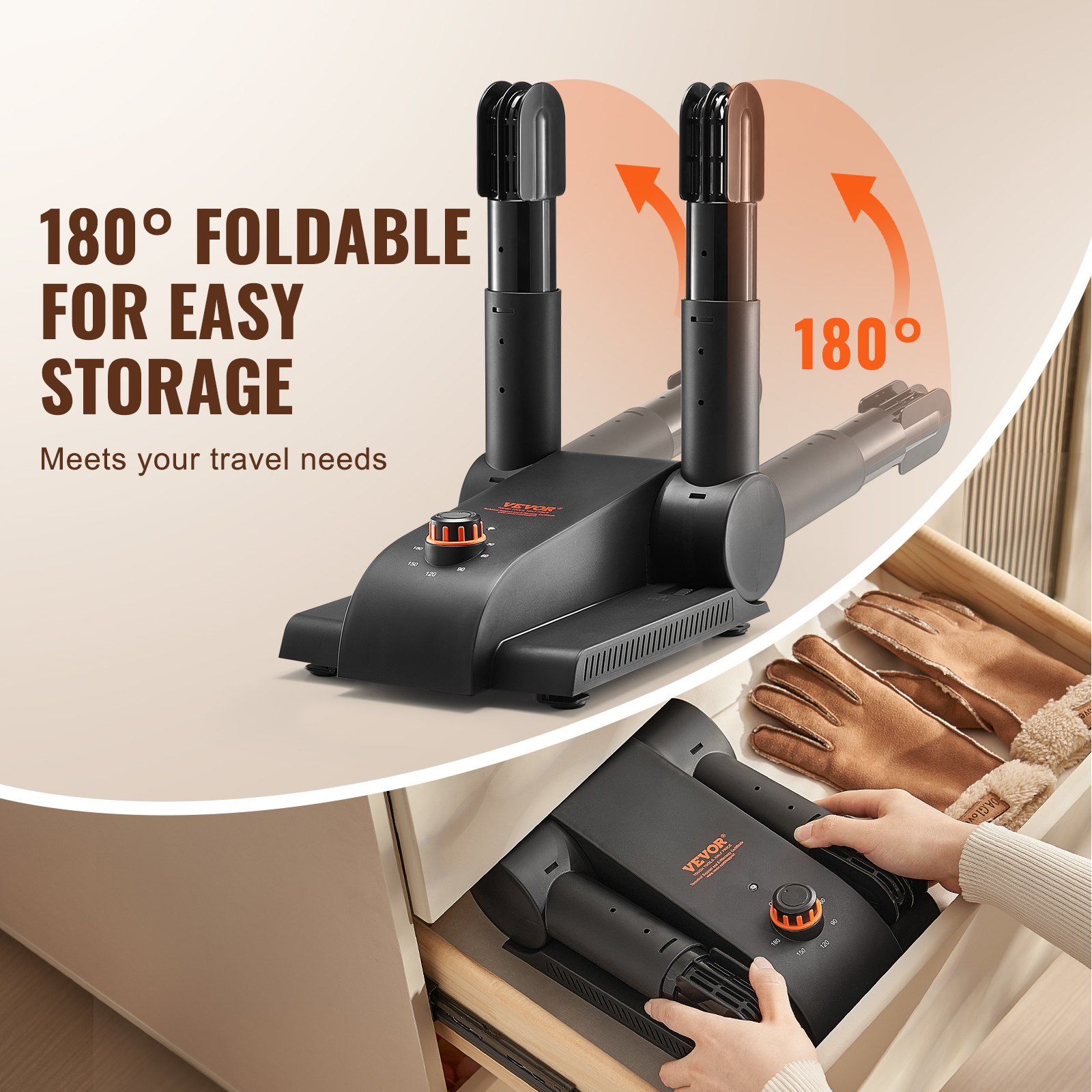 VEVOR 180° Foldable 2 Tubes Shoe Dryer, Portable Boot Dryer with Timer, Boot Warmers/Dryer with Heat Blower & PP(V0 Flame Retardant) for Snow Boots, Leather Shoes, Canvas Shoes, Socks, Black & Orange