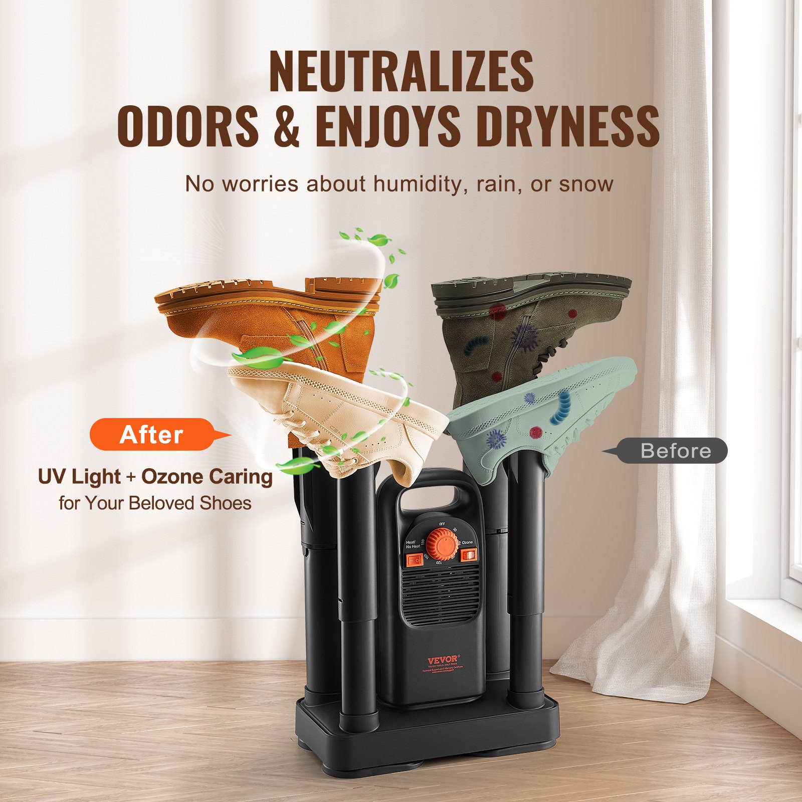 VEVOR Detachable 4 Tubes Shoe Dryer with Timer, Quick Drying Boot Warmers/Dryer with Ozone Disinfection, ABS+PP Material Boot Dryer for Snow Boots, Leather Shoes, Canvas Shoes, Socks, Black & Orange