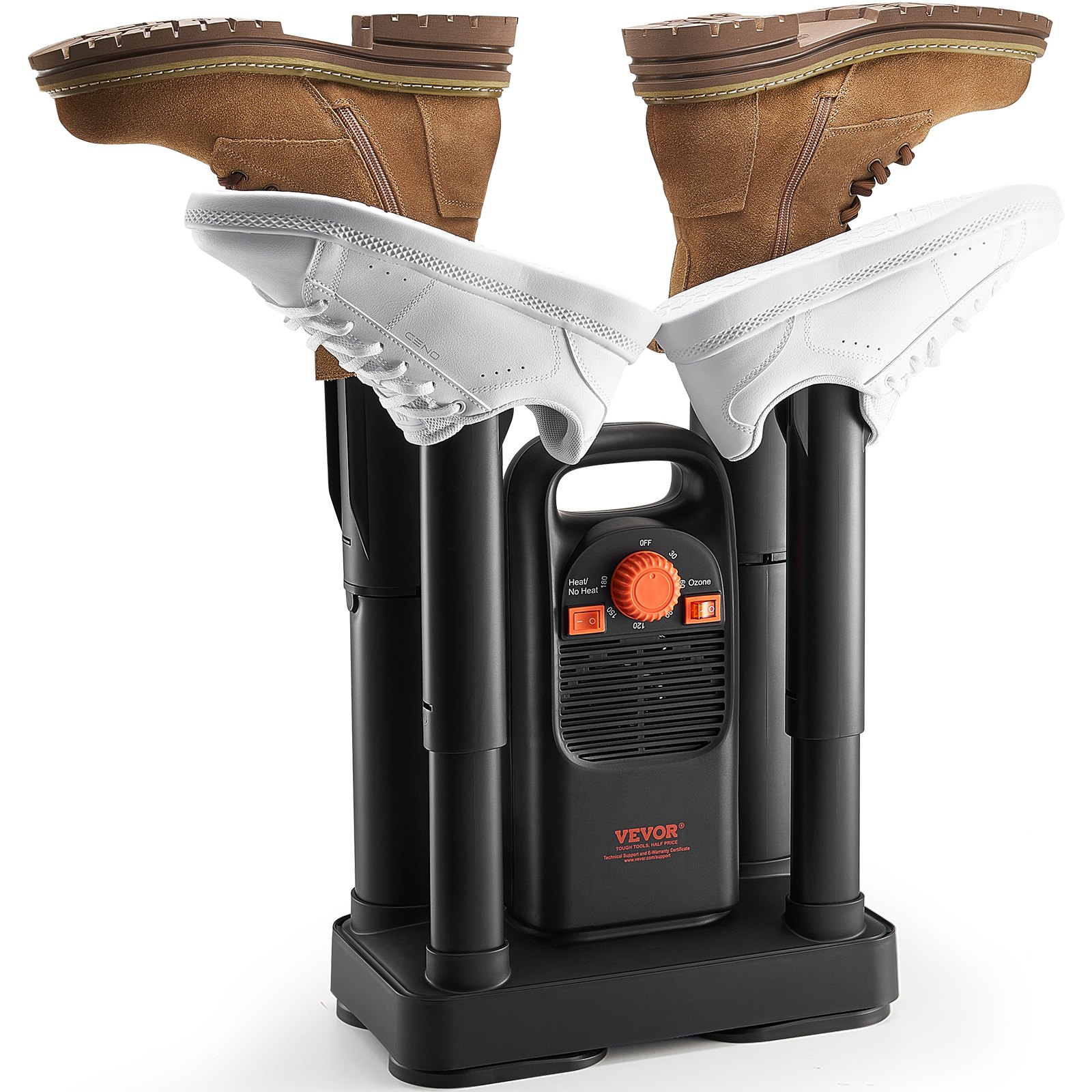 VEVOR Detachable 4 Tubes Shoe Dryer with Timer, Quick Drying Boot Warmers/Dryer with Ozone Disinfection, ABS+PP Material Boot Dryer for Snow Boots, Leather Shoes, Canvas Shoes, Socks, Black & Orange