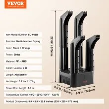 VEVOR Detachable 4 Tubes Shoe Dryer with Heat Blower & Timer Black & Orange,Ultra Silent, Quick Drying for Work Boots, Ski Boots, Sneakers, Gloves, Hats, Helmets
