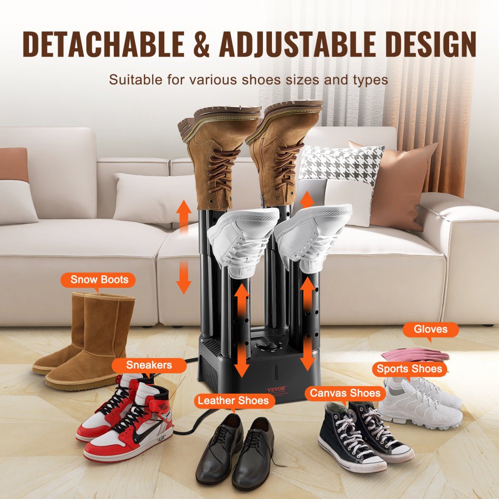 VEVOR Detachable 4 Tubes Shoe Dryer, Portable Boot Dryer with Timer, Boot Warmers/Dryer with Heat Blower & ABS+PP for Snow Boots, Leather Shoes, Canvas Shoes, Socks, Black & Orange