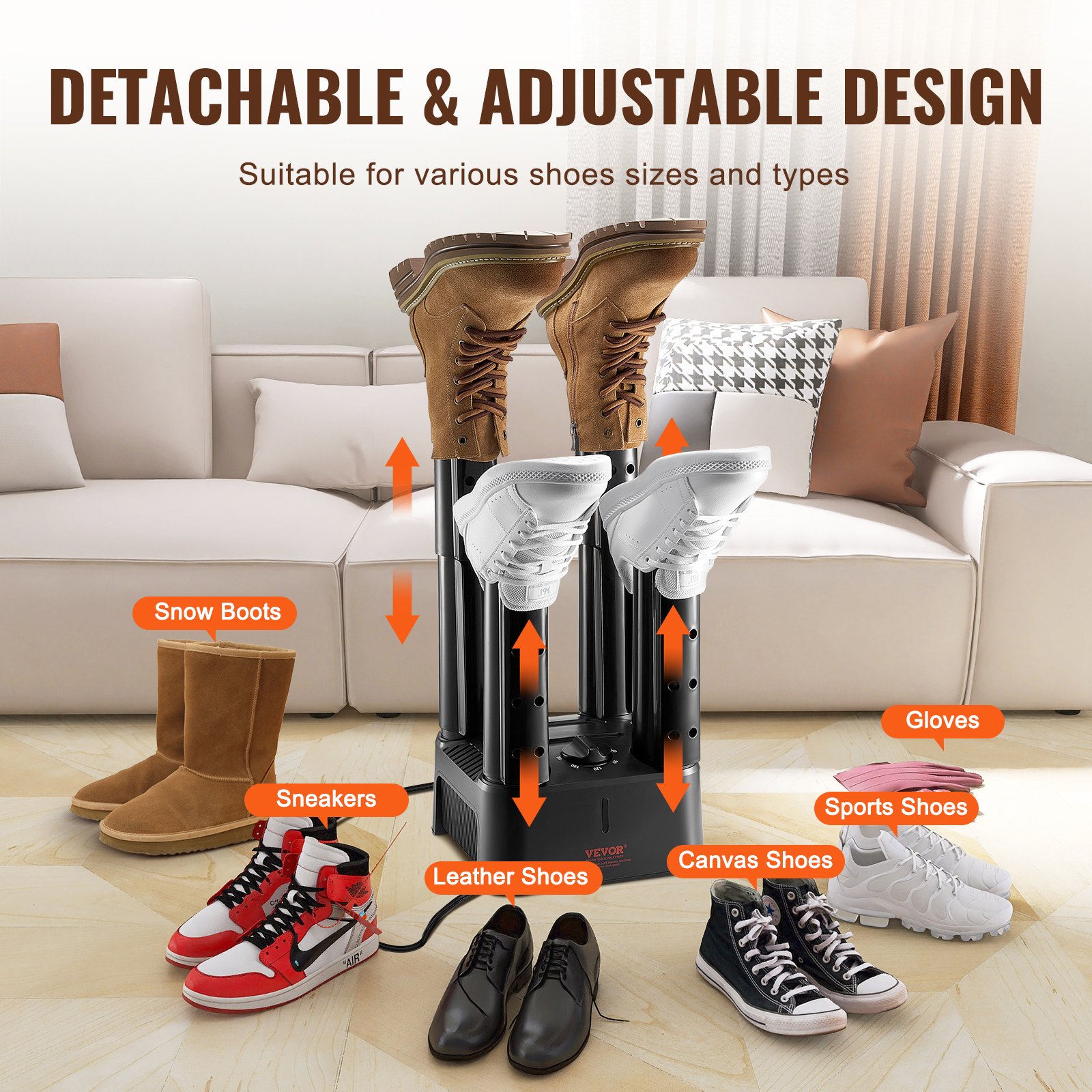 VEVOR Detachable 4 Tubes Shoe Dryer, Portable Boot Dryer with Timer, Boot Warmers/Dryer with Heat Blower & ABS+PP for Snow Boots, Leather Shoes, Canvas Shoes, Socks, Black & Orange