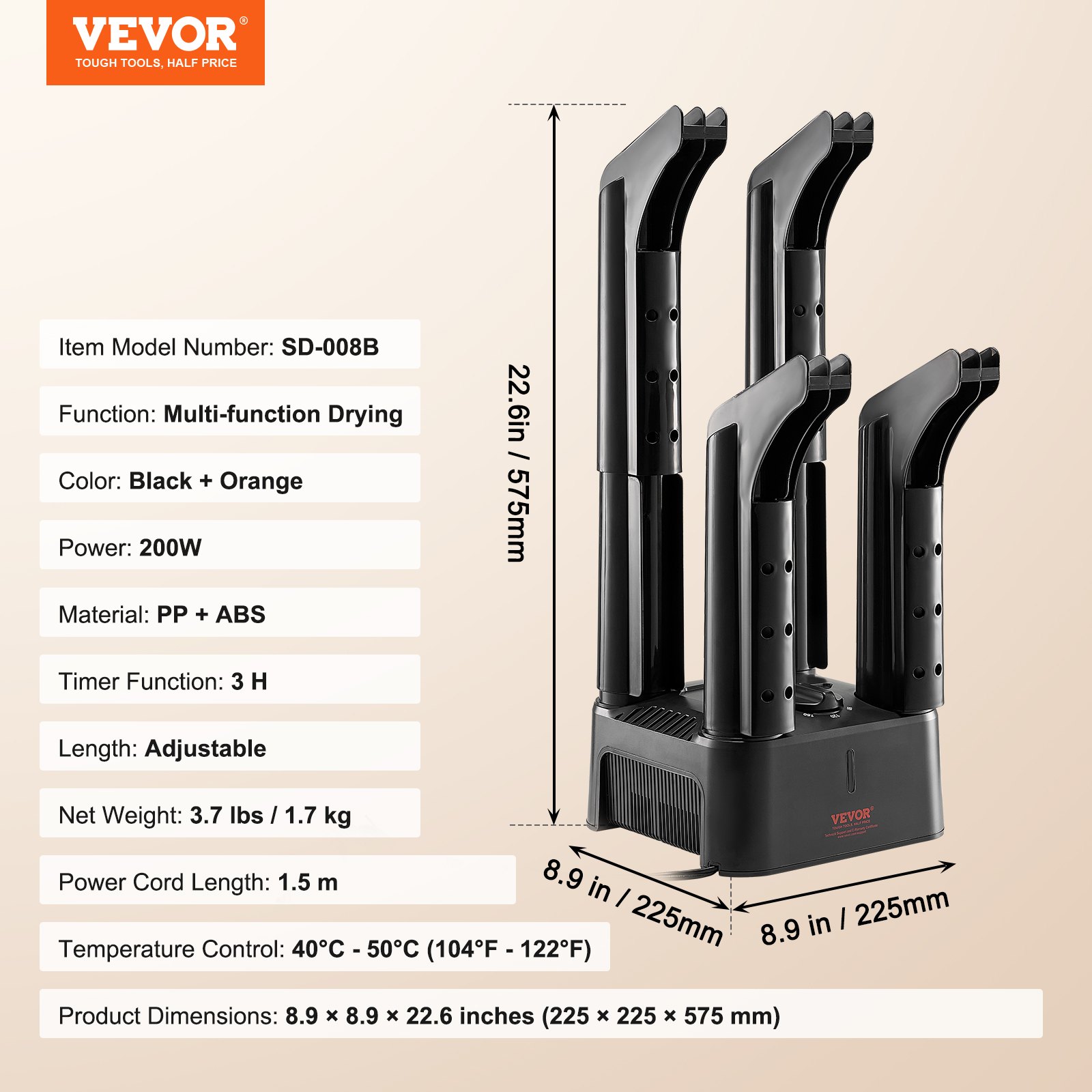 VEVOR Detachable 4 Tubes Shoe Dryer, Portable Boot Dryer with Timer, Boot Warmers/Dryer with Heat Blower & ABS+PP for Snow Boots, Leather Shoes, Canvas Shoes, Socks, Black & Orange