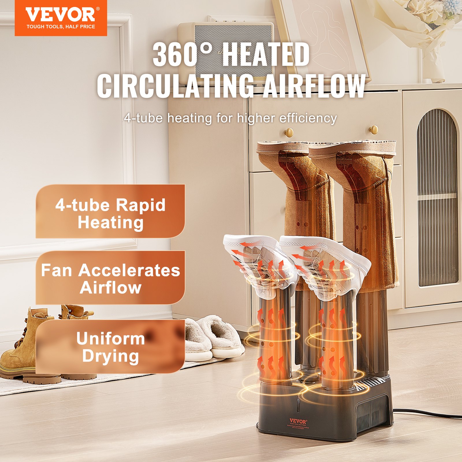 VEVOR Detachable 4 Tubes Shoe Dryer, Portable Boot Dryer with Timer, Boot Warmers/Dryer with Heat Blower & ABS+PP for Snow Boots, Leather Shoes, Canvas Shoes, Socks, Black & Orange
