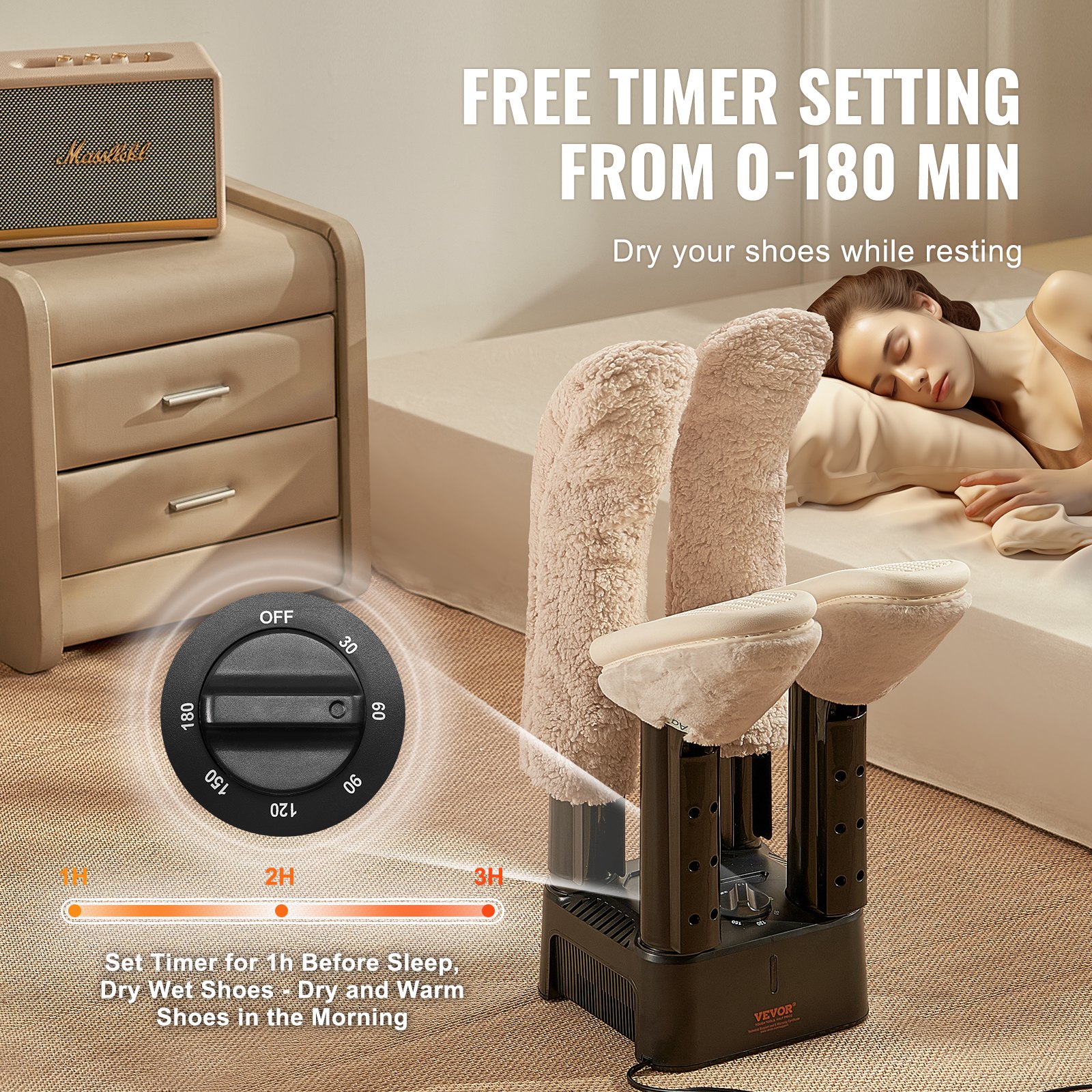 VEVOR Detachable 4 Tubes Shoe Dryer, Portable Boot Dryer with Timer, Boot Warmers/Dryer with Heat Blower & ABS+PP for Snow Boots, Leather Shoes, Canvas Shoes, Socks, Black & Orange