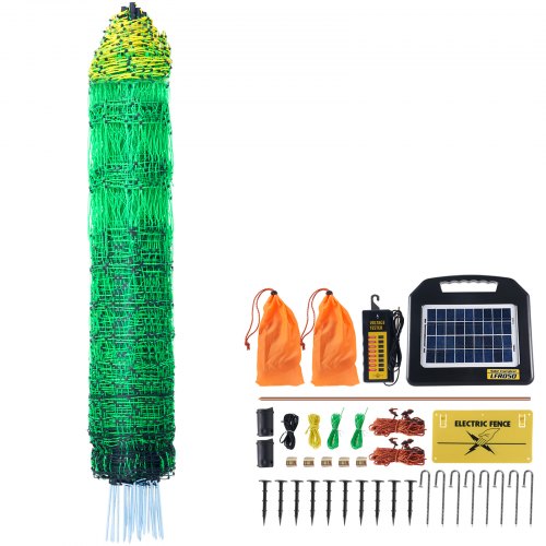 VEVOR Electric Fence Netting, 48" H x 100' L, PE Net Fencing with Solar Charger/Posts/Double-Spiked Stakes, Utility Portable Mesh for Chickens, Ducks, Geese, Rabbits, Used in Backyards, Farms, Ranches