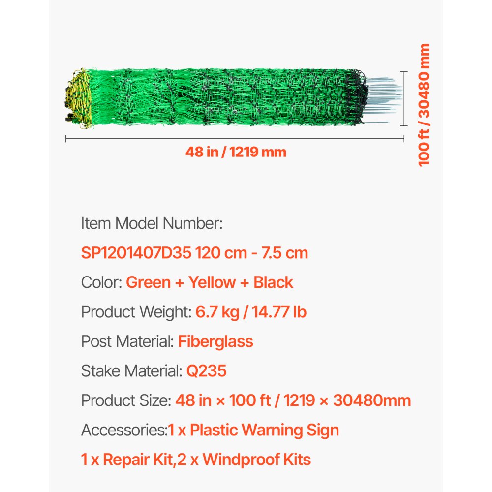 VEVOR Electric Fence Netting, 48" H x 100' L, PE Net Fencing Kit with Posts & Double-Spiked Stakes, Utility Portable Mesh for Chickens, Ducks, Geese, Rabbits, Used in Backyards, Farms, and Ranches