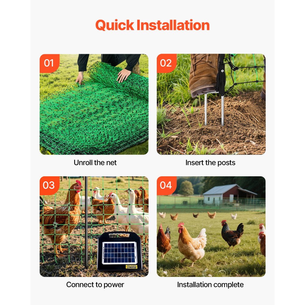 VEVOR Electric Fence Netting, 48" H x 100' L, PE Net Fencing Kit with Posts & Double-Spiked Stakes, Utility Portable Mesh for Chickens, Ducks, Geese, Rabbits, Used in Backyards, Farms, and Ranches