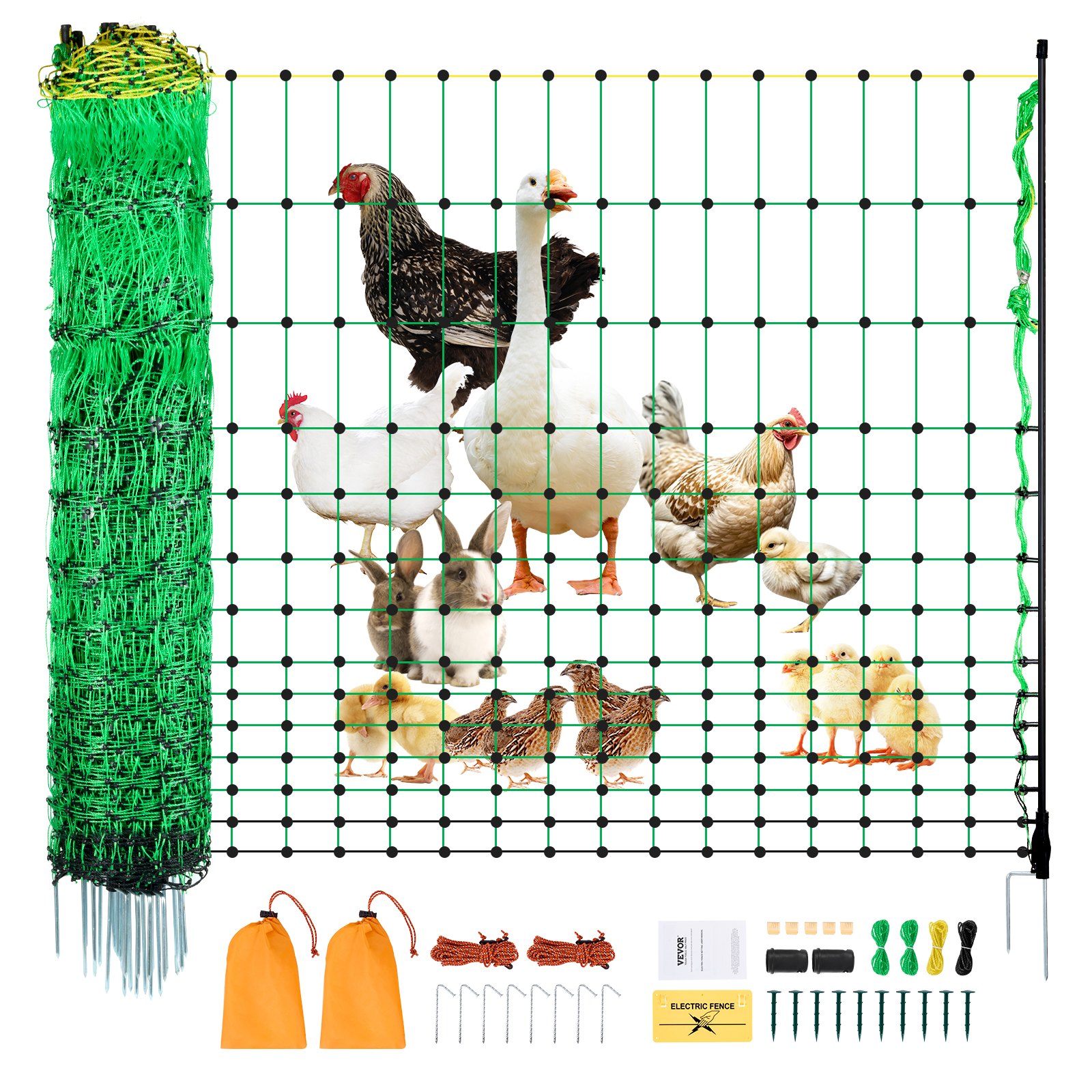 VEVOR Electric Fence Netting, 48" H x 100' L, PE Net Fencing Kit with Posts & Double-Spiked Stakes, Utility Portable Mesh for Chickens, Ducks, Geese, Rabbits, Used in Backyards, Farms, and Ranches