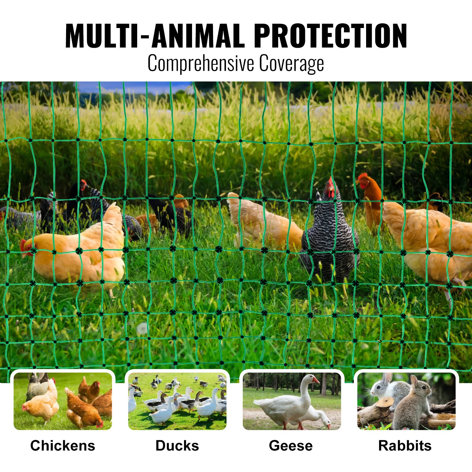 VEVOR Electric Fence Netting, 48" H x 168' L, PE Net Fencing Kit with Posts & Double-Spiked Stakes, Utility Portable Mesh for Chickens, Ducks, Geese, Rabbits, Used in Backyards, Farms, and Ranches