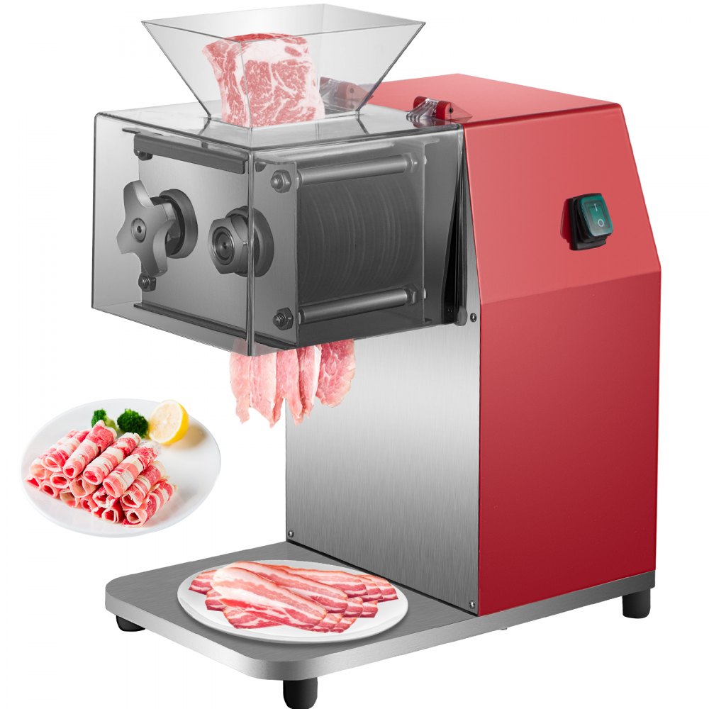 VEVOR Komerčný stroj na krájanie mäsa, 551 lbs/H 850W stroj na krájanie mäsa, elektrický krájač na mäso s 5 mm čepeľou, nerezový reštauračný krájač, pre supermarkety v kuchyni, jahňacie, hovädzie kurča, červený