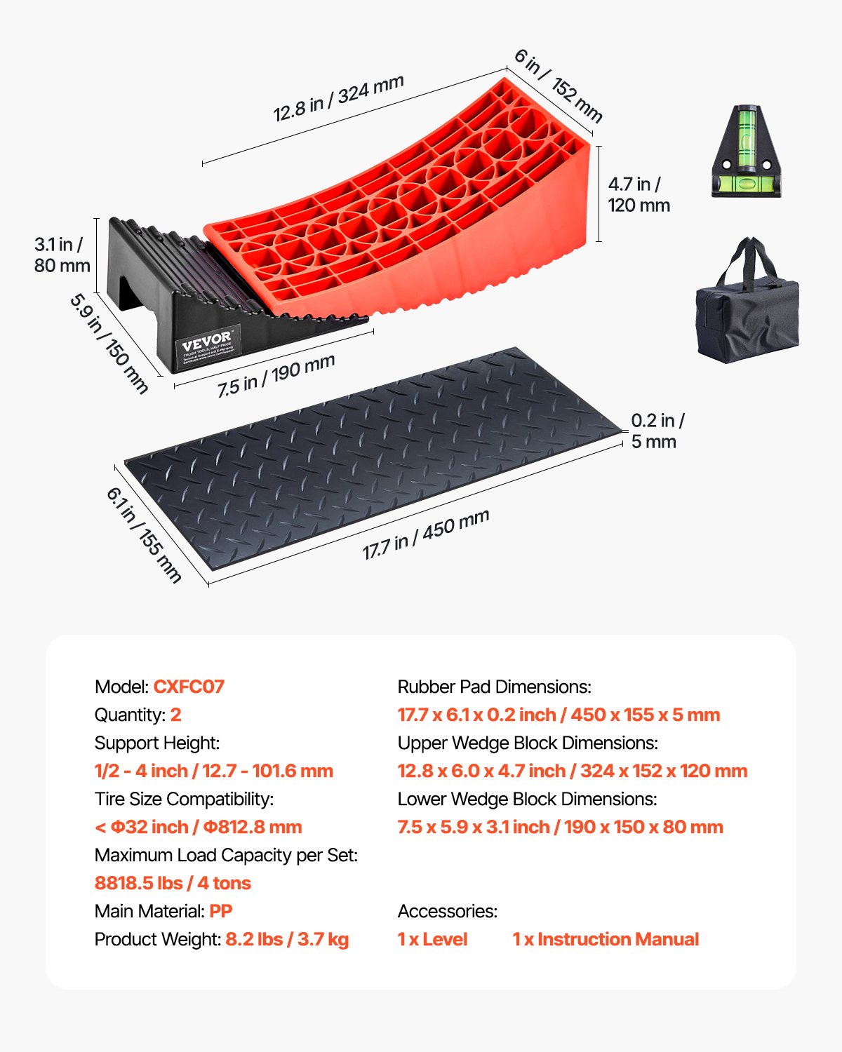VEVOR Camper Levelers, 2 Pcs RV Leveling Blocks, up to 8818.5lbs Camper Wheel Chocks, Max. 4" Leveling Height Heavy Duty Curved Levelers, RV Camper Leveler Kit with Anti-Slip Mat Carrying Bag Level