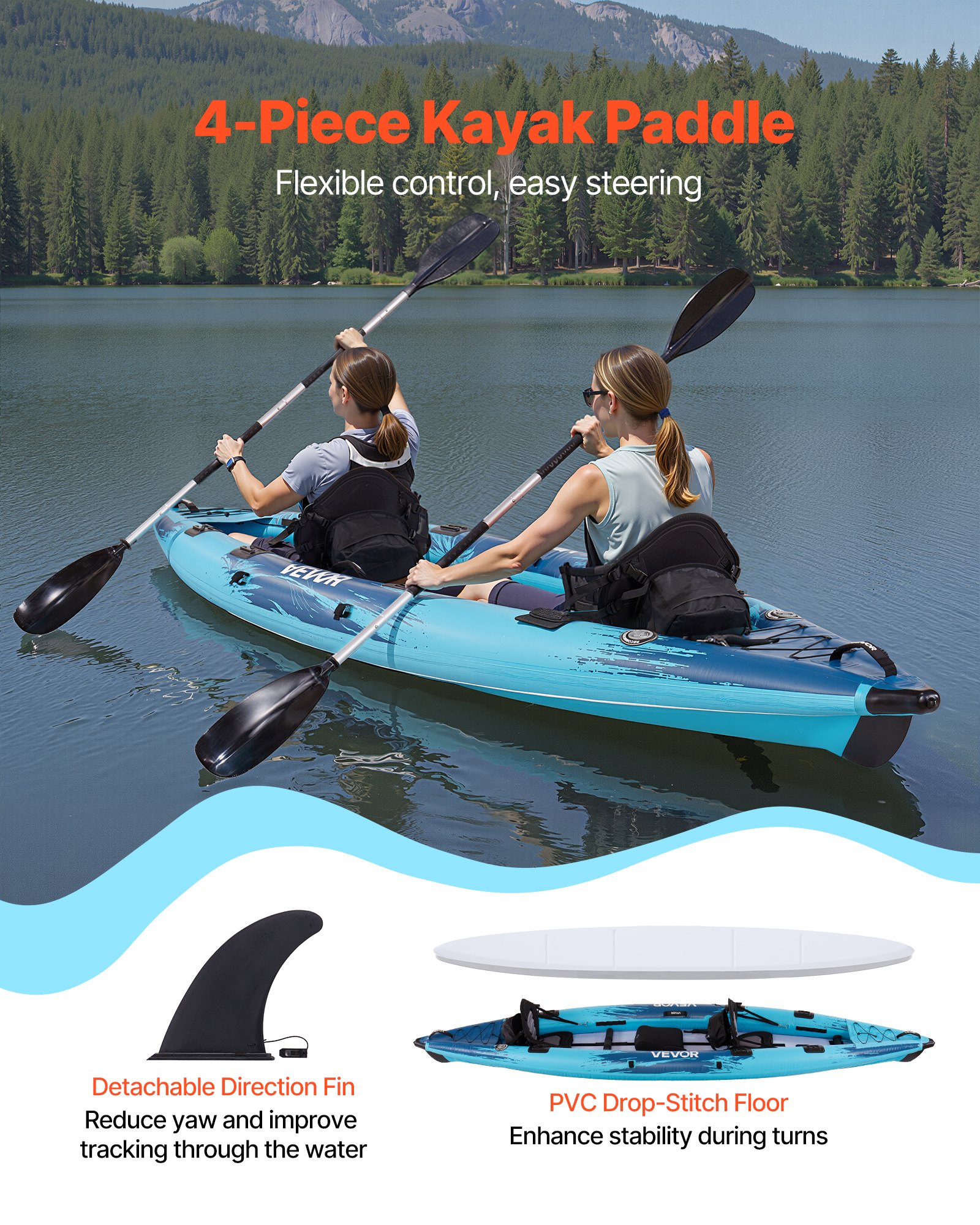 VEVOR Inflatable Kayak, 2-Person Inflatable Recreational Kayak 318kg Capacity, Leak & Puncture-Resistant with Padded Seat, PVC Drop-Stitch Floor, 2 Paddles, Hand Pump & Carry Bag for Fishing Camping
