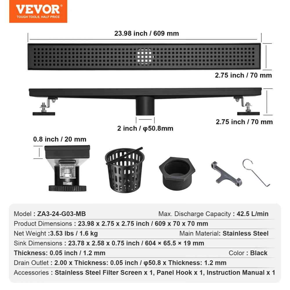 Γραμμική αποστράγγιση ντους VEVOR 610 mm με σχάρα τετράγωνης σχεδίασης, 304 από ανοξείδωτο ατσάλι ορθογώνιο στραγγιστικό δαπέδου, κομψή γραμμική αποχέτευση με φίλτρο μαλλιών, ματ μαύρο