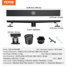VEVOR 610mm Linear Shower Drain with Square Pattern Grate,Brushed 304 Stainless Steel Rectangle Shower Floor Drain, Sleek Linear Drain with Hair Strainer, Matte Black