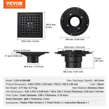 VEVOR 406mm Linear Shower Drain with Square Pattern Grate,Brushed 304 Stainless Steel Rectangle Shower Floor Drain, Sleek Linear Drain with Hair Strainer, Matte Black