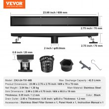 VEVOR 610mm Linear Shower Drain Offset with Tile Insert Cover,Brushed 304 Stainless Steel Rectangle Shower Floor Drain, Sleek Linear Drain with Hair Strainer, Black