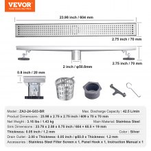 VEVOR 610mm Linear Shower Drain with Square Pattern Grate,Brushed 304 Stainless Steel Rectangle Shower Floor Drain,Linear Drain with Leveling Feet,Hair Strainer Silver