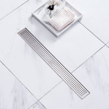 VEVOR Drain de douche linéaire de 61 cm avec grille à motif carré, drain de sol de douche rectangulaire en acier inoxydable 304 brossé, drain linéaire avec pieds de nivellement, filtre à cheveux argenté