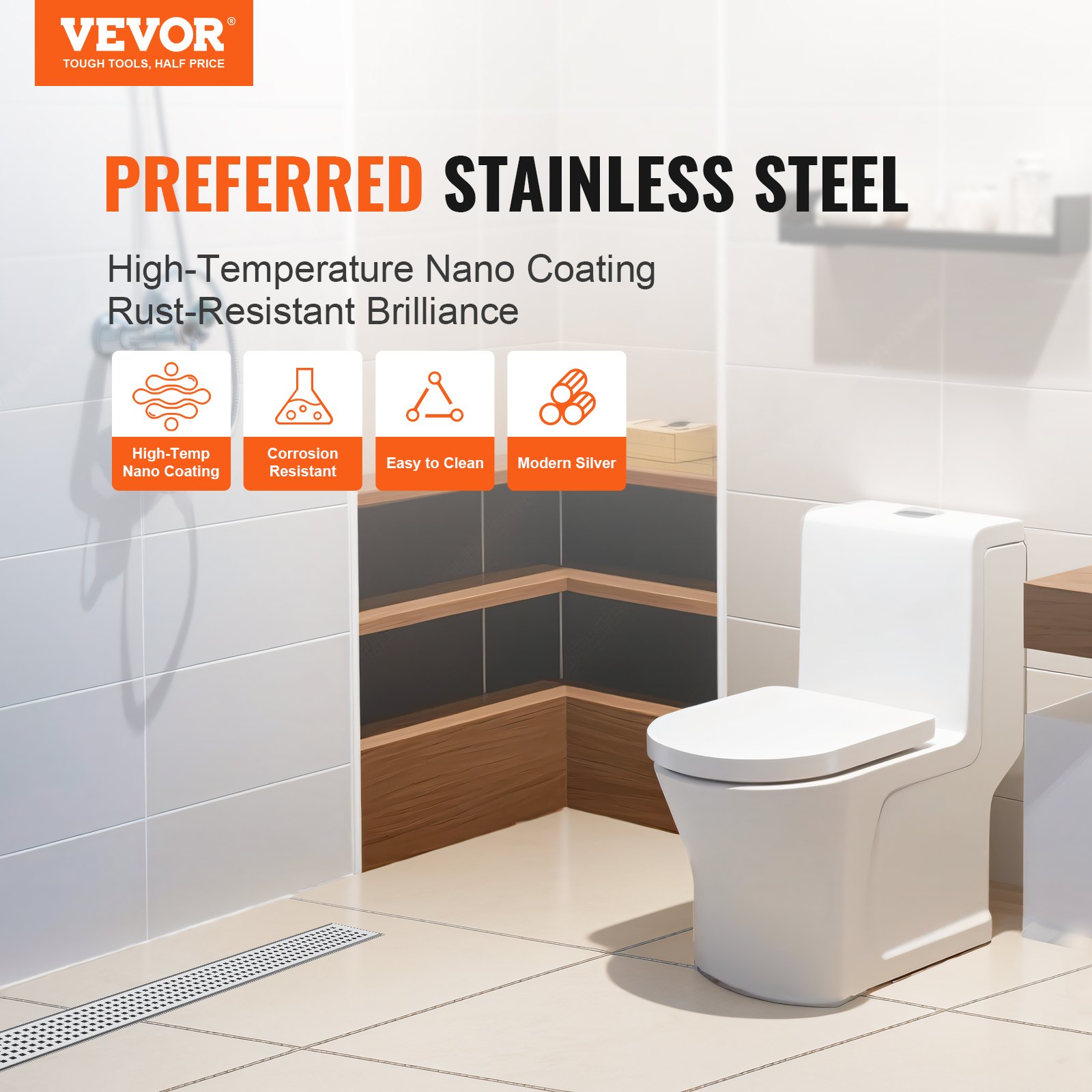 VEVOR linear shower drain in a modern bathroom with stainless steel, high-temp nano coating, and rust-resistance.