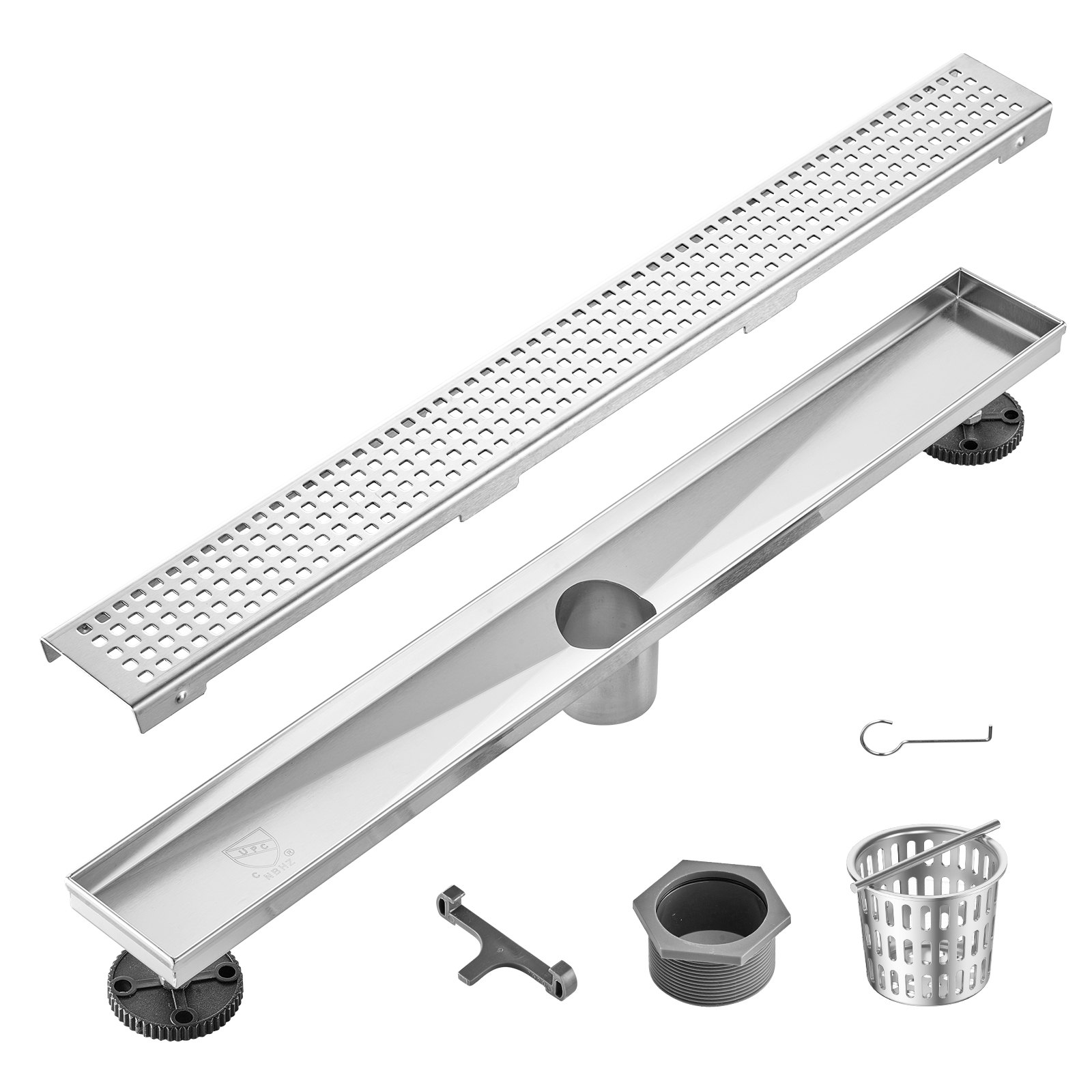 VEVOR linear shower drain with components: grate, base, drain cover, wrench, filter, and hook.