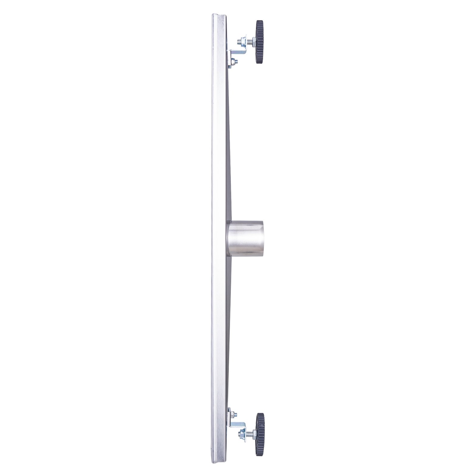 side view of VEVOR linear shower drain with adjustable legs and a stainless steel finish.