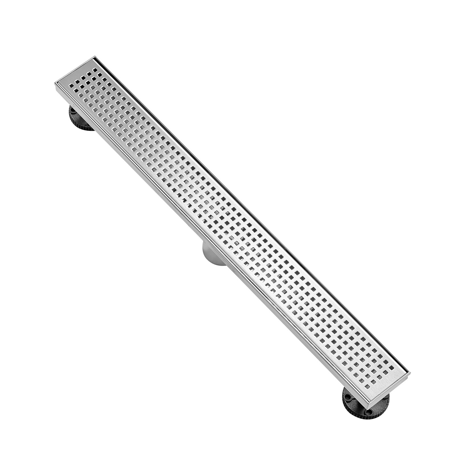 stainless steel VEVOR linear shower drain with perforated cover and adjustable legs.