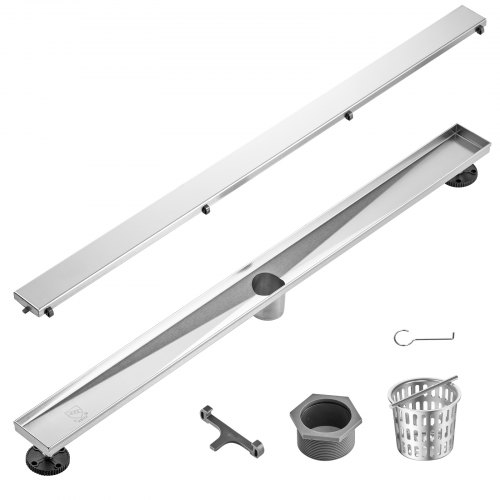 VEVOR 914mm Linear Shower Drain Offset with Tile Insert Cover,Brushed 304 Stainless Steel Rectangle Shower Floor Drain,Linear Drain with Leveling Feet,Hair Strainer Silver