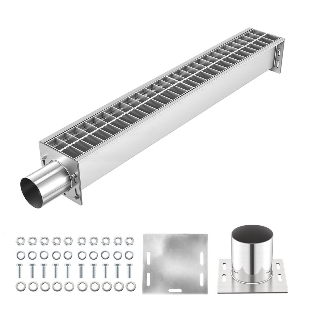 VEVOR Trench Drain, 43.3 x 5.8 x 5.5 in, Linear Drainage Channel with Carbon Steel Grate, 304 Stainless Steel Channel Drain, Premium Outdoor Drainage System for Driveway, Patio, Pool, Garden, Silver