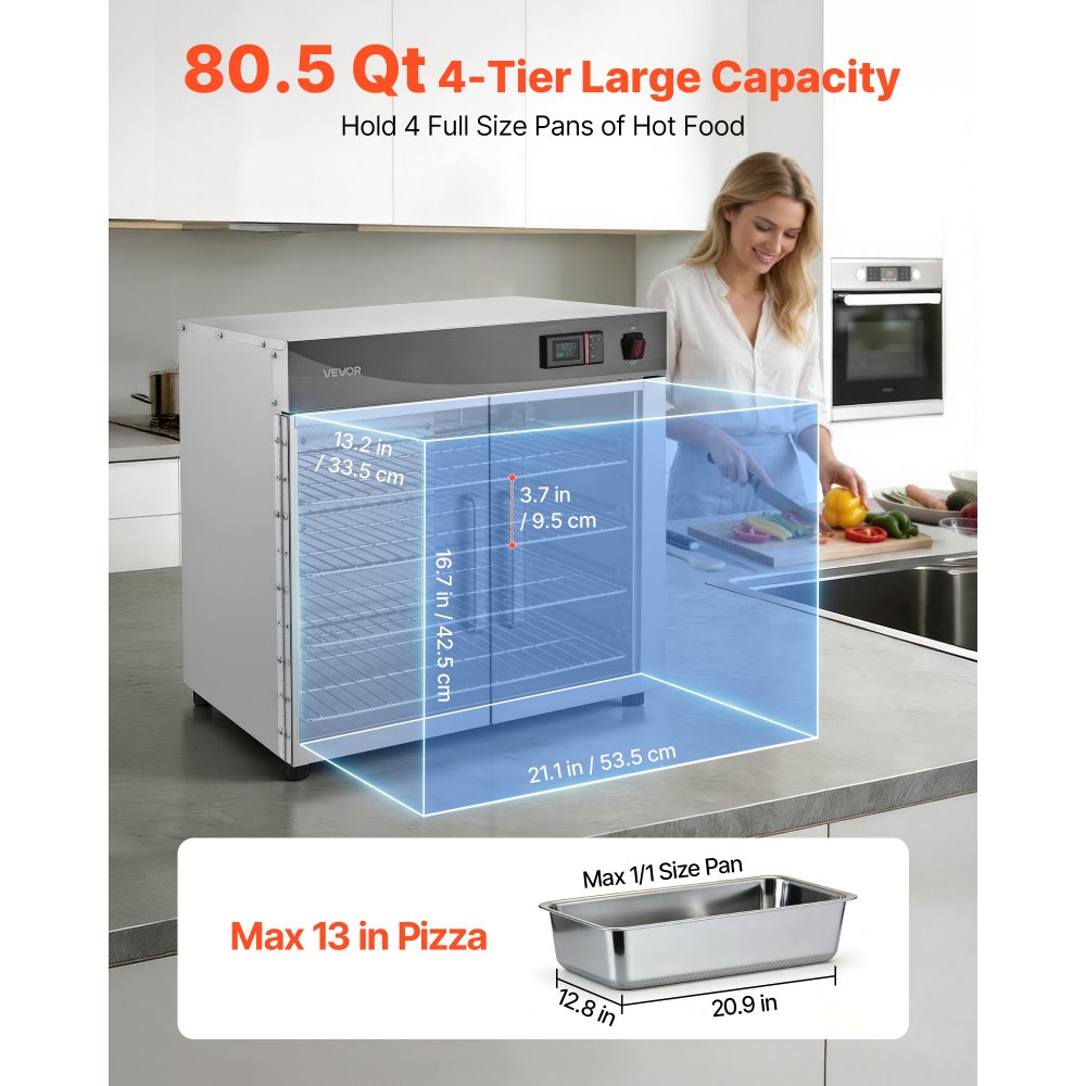 VEVOR Electric Hot Box Food Warmer, 4-Tier Commercial Warming Cabinet with Water Tray, Double-Door and Adjustable Shelves, Stainless Steel Food Warmer Cabinet, for Restaurant, Kitchen, Pizza, Chicken