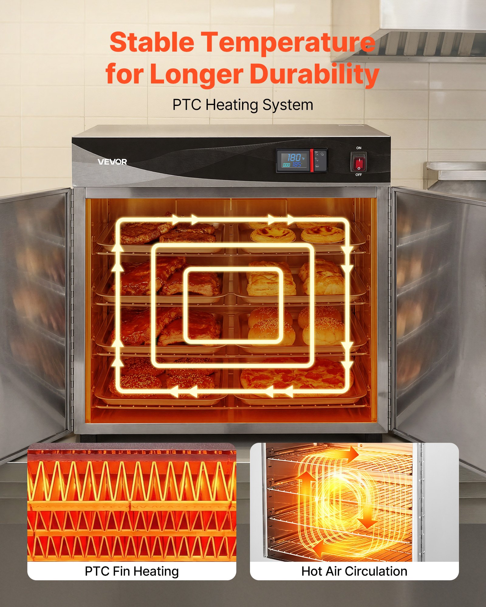 VEVOR Electric Hot Box Food Warmer, 4-Tier Commercial Warming Cabinet with Water Tray, Double-Door and Adjustable Shelves, Stainless Steel Food Warmer Cabinet, for Restaurant, Kitchen, Pizza, Chicken