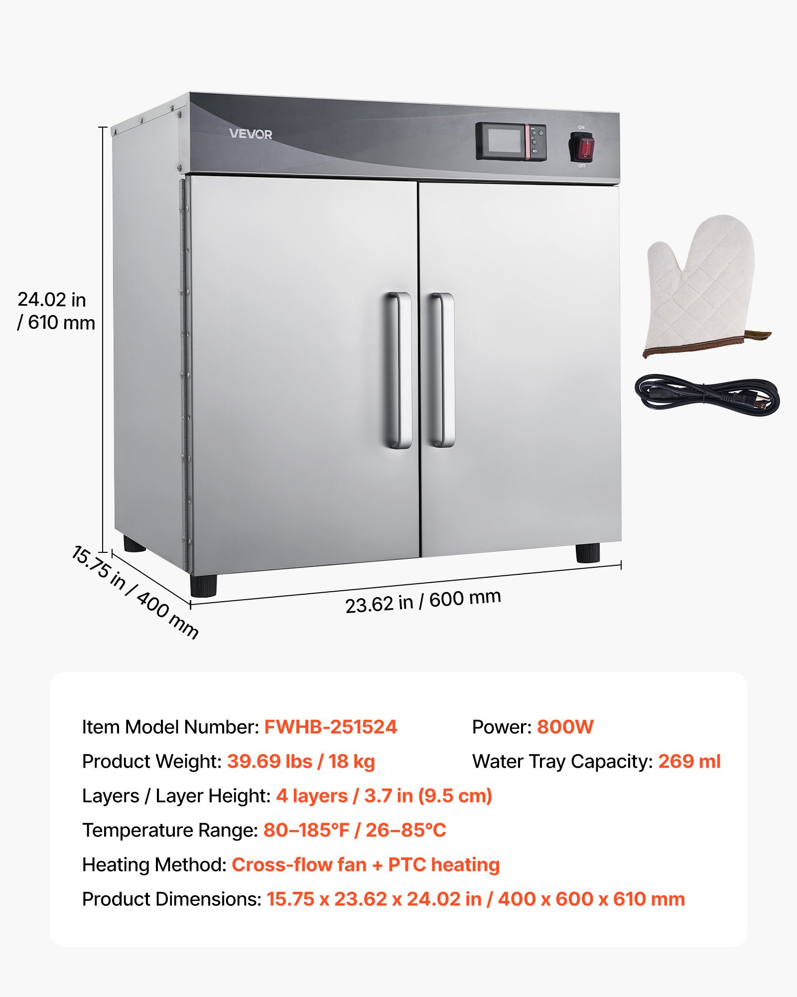 VEVOR Electric Hot Box Food Warmer, 4-Tier Commercial Warming Cabinet with Water Tray, Double-Door and Adjustable Shelves, Stainless Steel Food Warmer Cabinet, for Restaurant, Kitchen, Pizza, Chicken