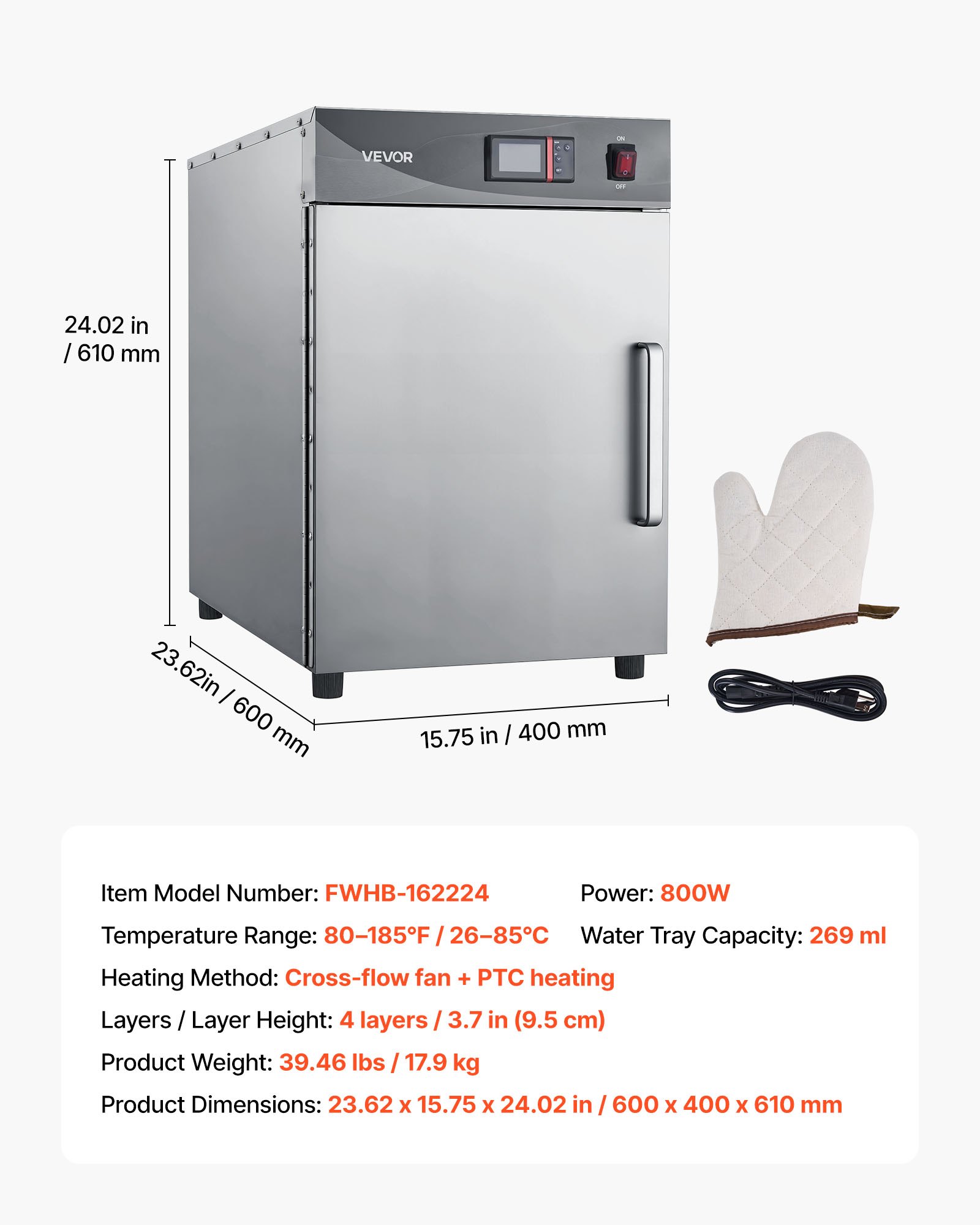 VEVOR Electric Hot Box Food Warmer, 4-Tier Commercial Warming Cabinet with Water Tray, Single-Door and Adjustable Shelves, Stainless Steel Food Warmer Cabinet, for Restaurant, Kitchen, Pizza, Chicken